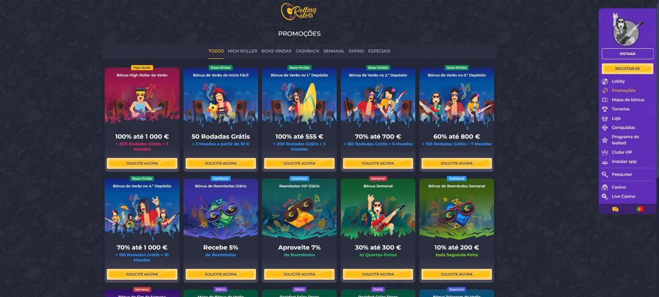 Página de promoções do Rolling Slots com cashback diário e bónus semanais